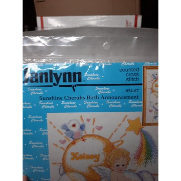 Vtg Janlynn Counted Cross Stitch Kit Sunshine Cherubs Birth Announcement 12x15 - Picture 3 of 6